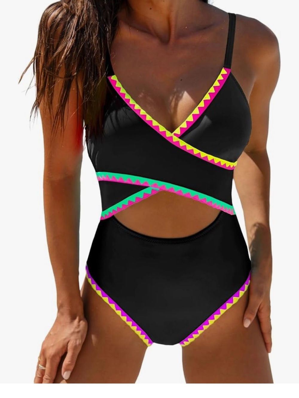 Black One-Piece Cutout Swimsuit with Neon Trim